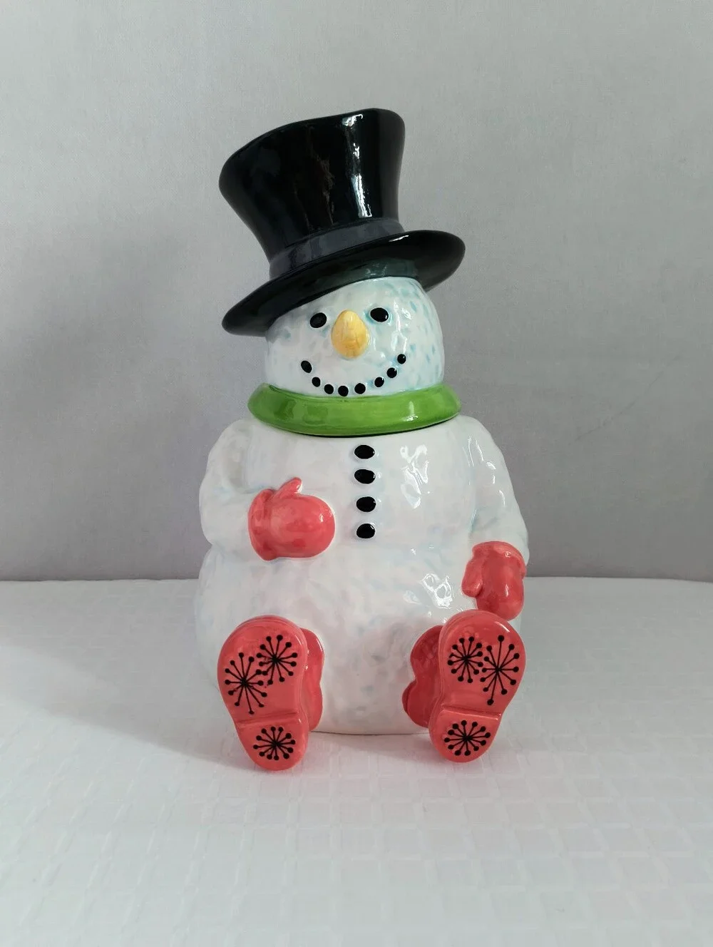 Festive Ceramic Snowman Cookie Jar With Black Top Hat and Green Scarf